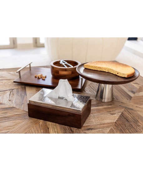 Wood tart platter on silver metal stand 30x30x14.5cm