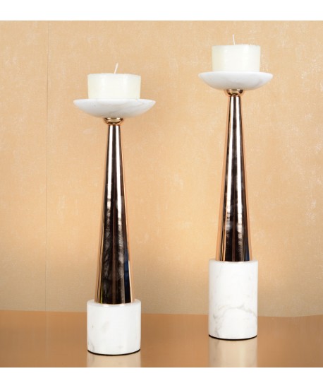 Bougeoir marbre blanc et rose doré 12x12x26cm