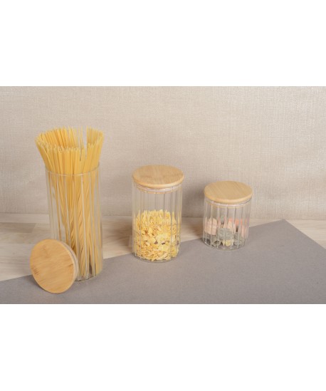 Pot de rangement en verre et couvercle en bois 9x9x10cm
