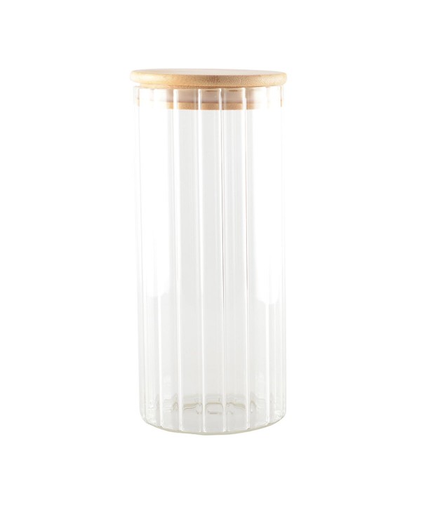 Glass storage pot with wooden lid 9x9x20cm
