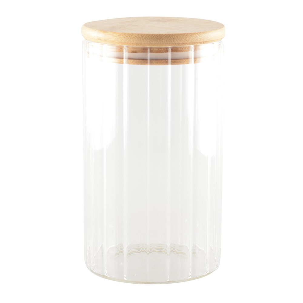 Glass storage pot with wooden lid 9x9x15cm