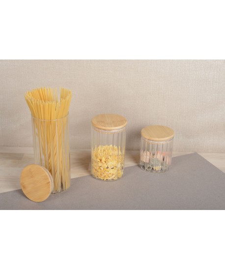 Glass storage pot with wooden lid 9x9x15cm