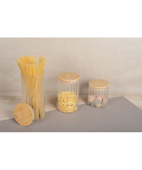 Pot de rangement en verre et couvercle en bois 9x9x20cm