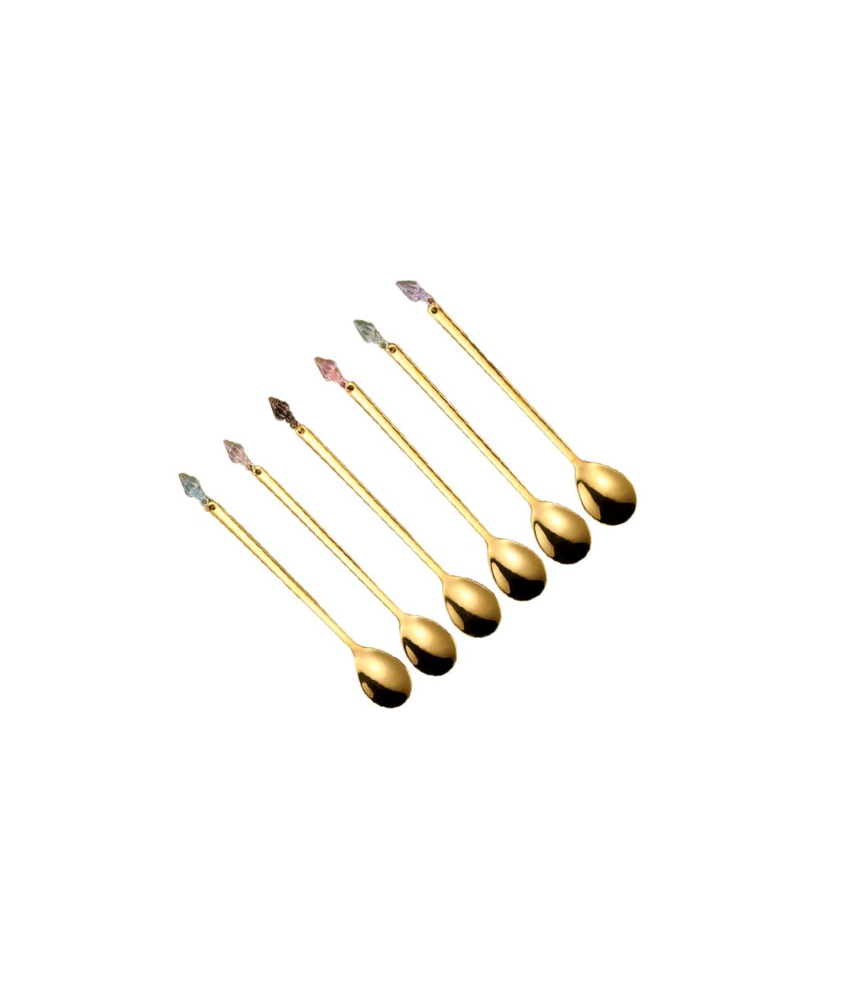 Cuillères dorées bout coquillages multi couleurs - lot de 6