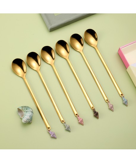 Cuillères dorées bout coquillages multi couleurs - lot de 6