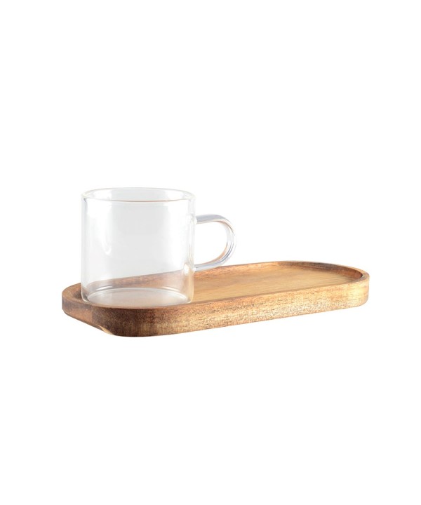 Tasse à café en verre avec plateau en bois 20x8x6.5cm