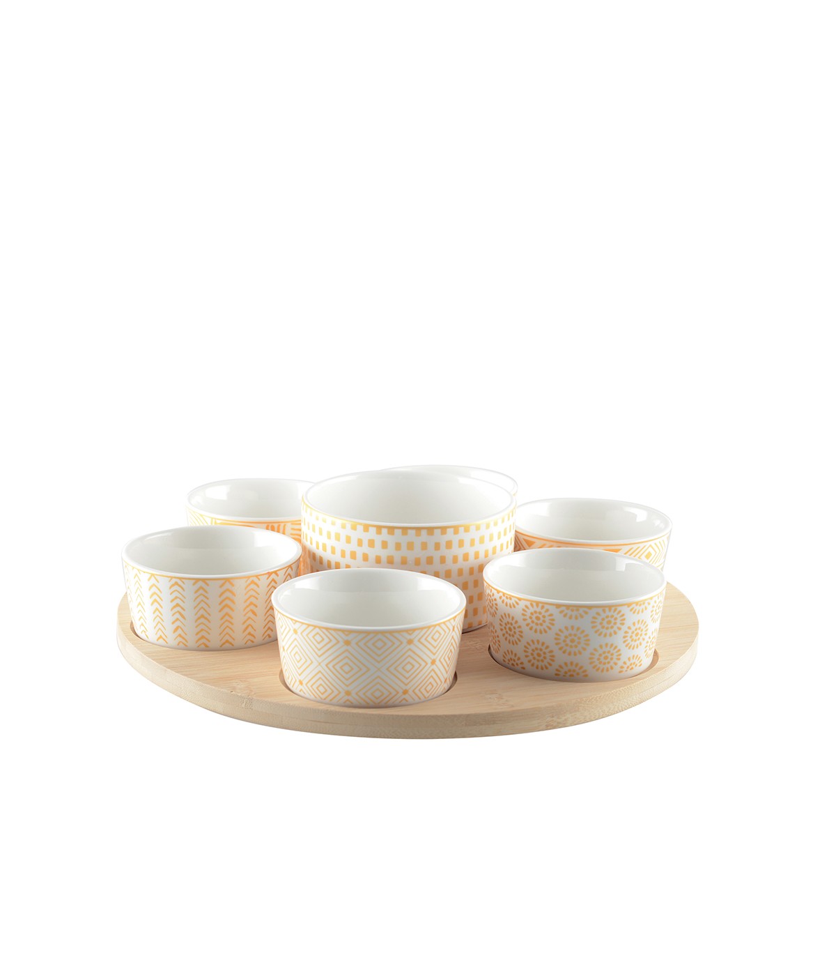 Set apéritif de 7 coupelles sur plateau en bois rond