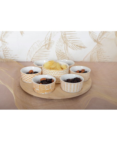 Set apéritif de 7 coupelles sur plateau en bois rond