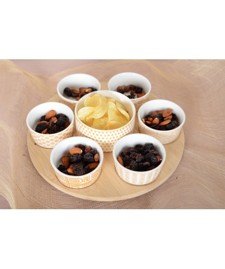 Set apéritif de 7 coupelles sur plateau en bois rond