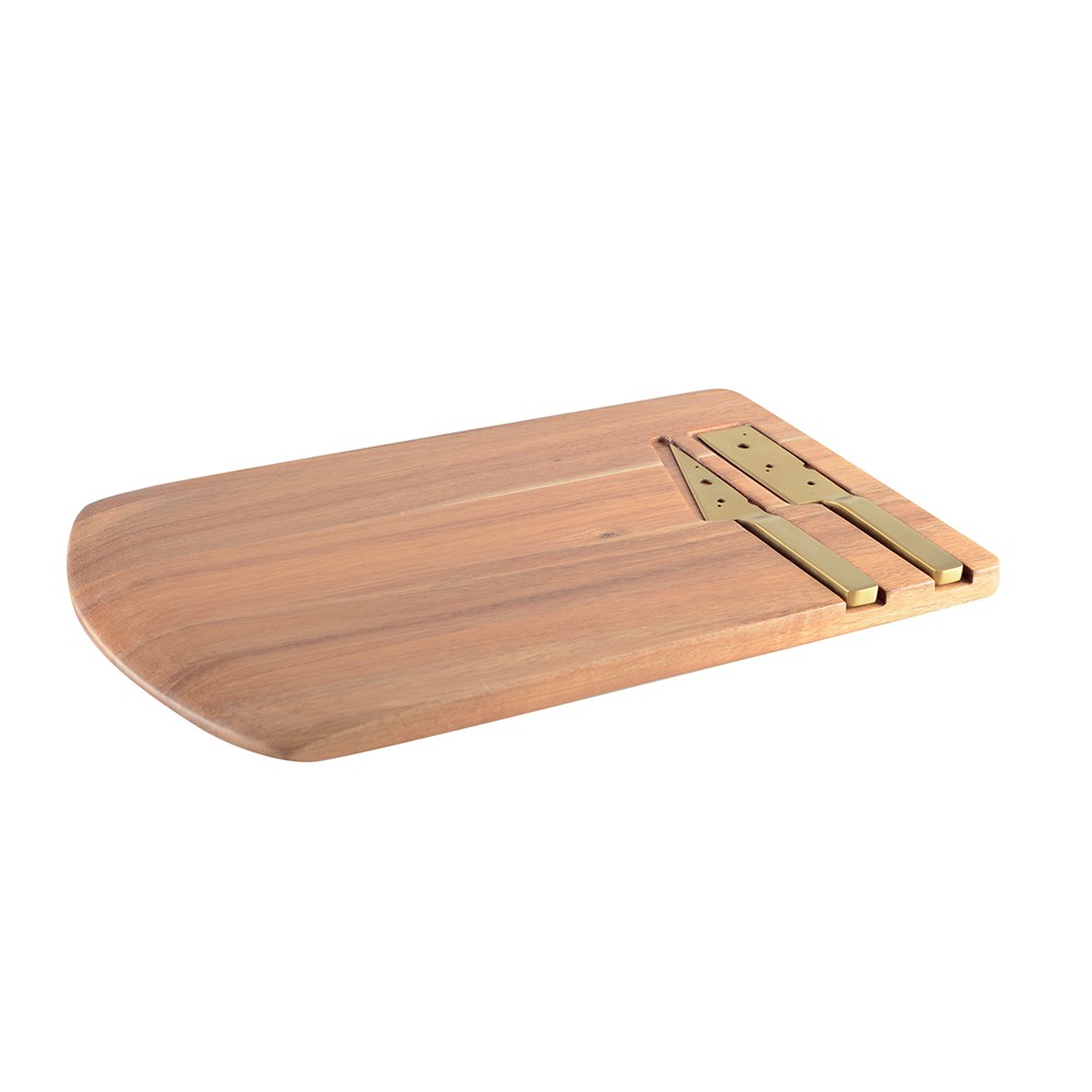Wooden cheese platter with 2 knives