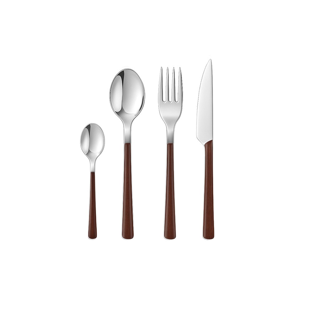 Shiny silver cutlery set with wooden handles - 24 pieces