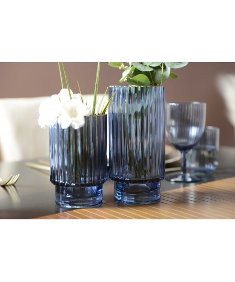 Vase bleu fonce bord doré h.15cm