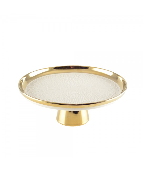 Cream pedestal tart plate with gold rim