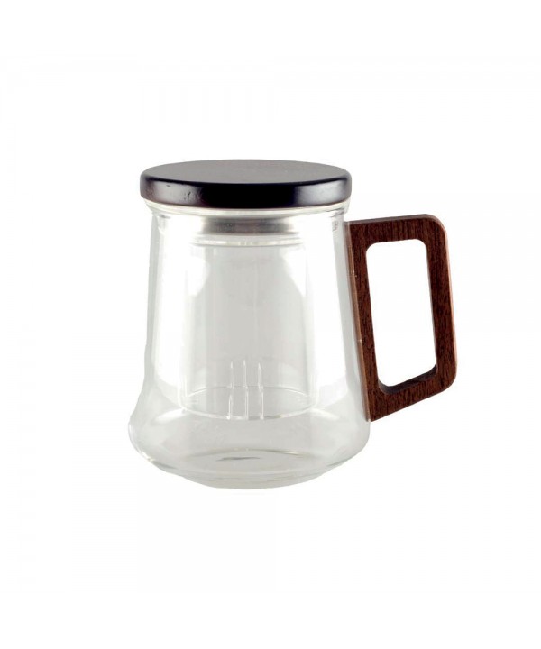 Glass mug with filter, lid, and wooden handle 9.5x13.5x11.5cm