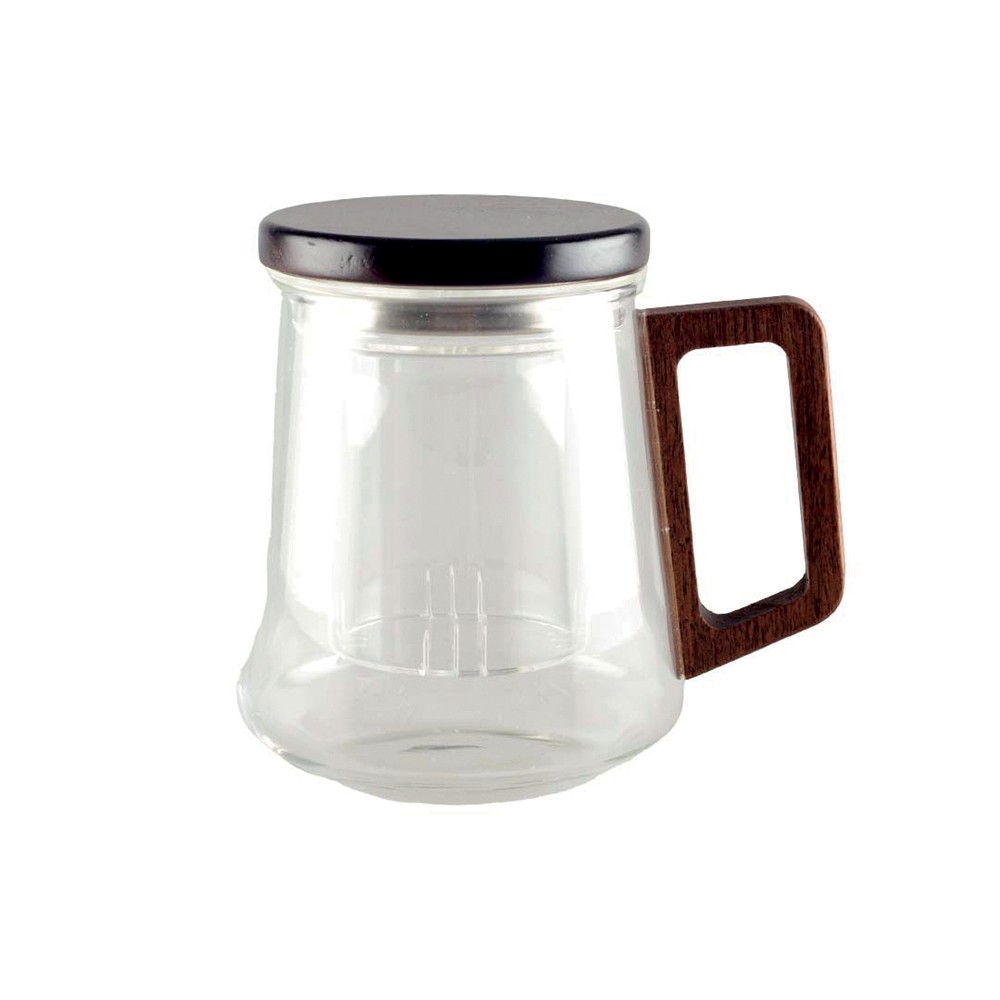 Glass mug with filter, lid, and wooden handle 9.5x13.5x11.5cm