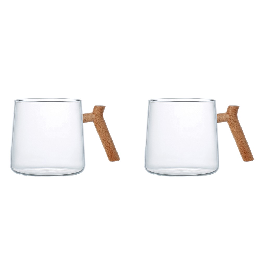Glass mugs with wooden handle - set of 2