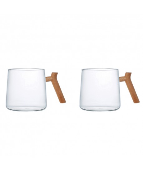 Glass mugs with wooden handle - set of 2