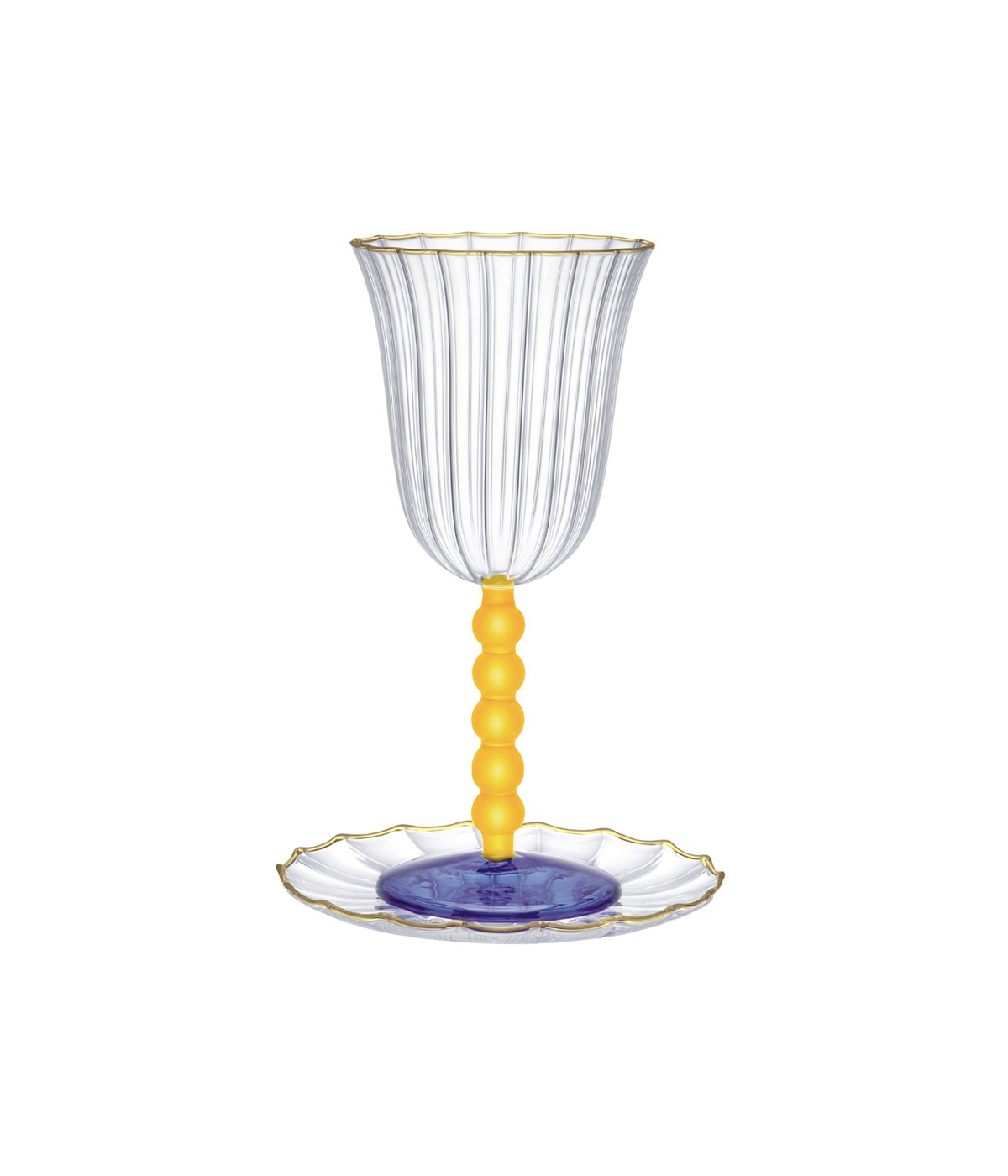 Kiddush glass with golden pearls and golden rimmed saucer