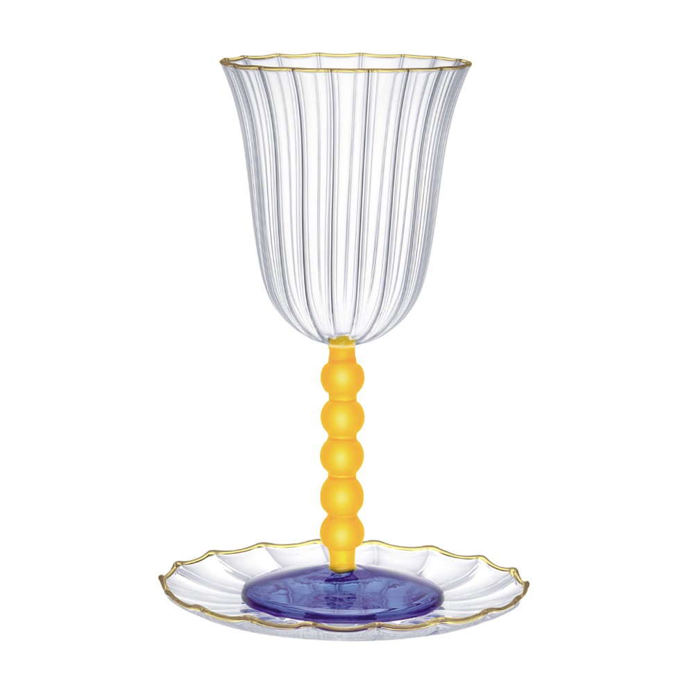 Kiddush glass with golden pearls and golden rimmed saucer