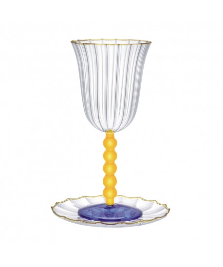 Kiddush glass with golden pearls and golden rimmed saucer