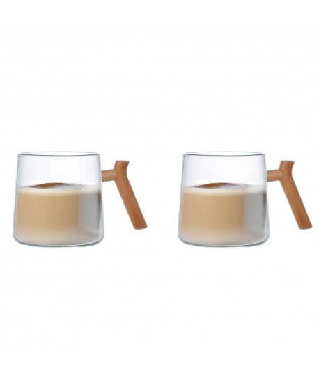 Glass mugs with wooden handle - set of 2