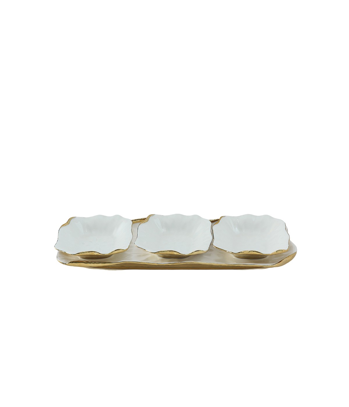 Set de 3 coupelles sur plateau en porcelaine blanche bords dorés