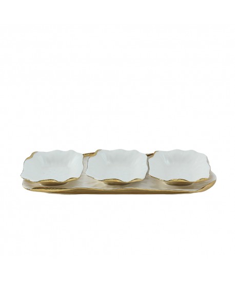 Set de 3 coupelles sur plateau en porcelaine blanche bords dorés