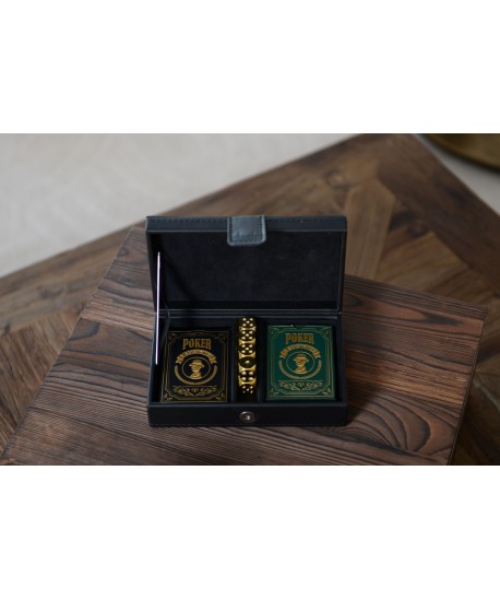 2 sets of poker and 5 golden dice in black faux leather case