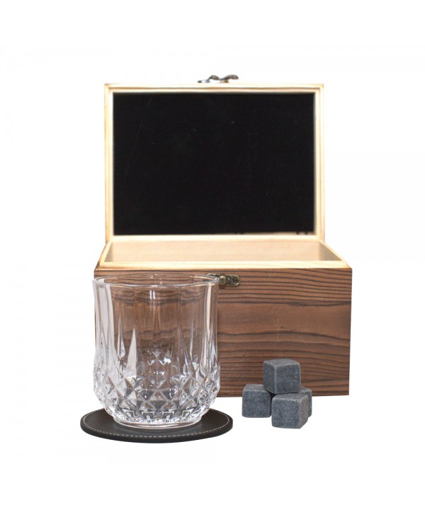 Coffret whisky en bois avec dessous de verre et glaçons en pierre