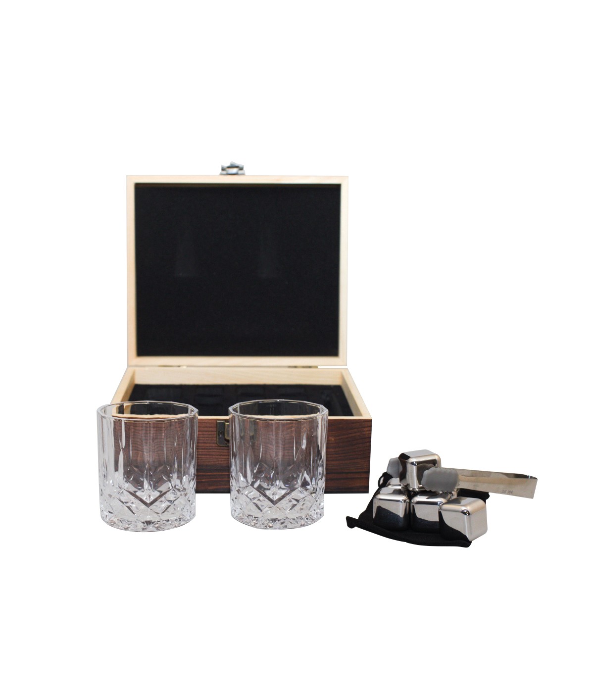 Wooden whiskey box with 2 glasses, ice bag, and tongs