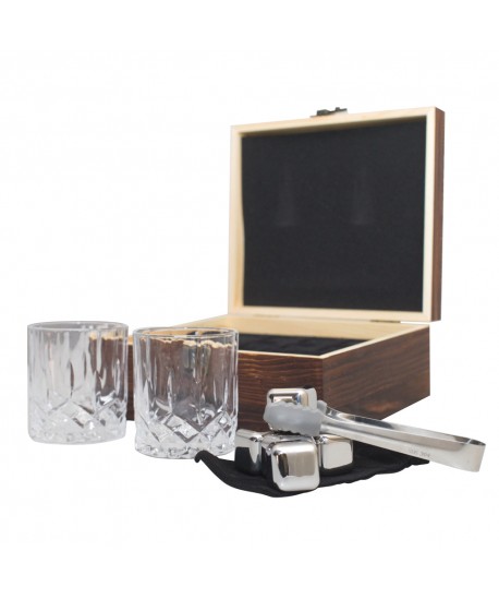 Wooden whiskey box with 2 glasses, ice bag, and tongs