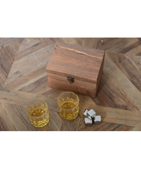 Wooden whiskey box with 2 glasses, ice bag, and tongs