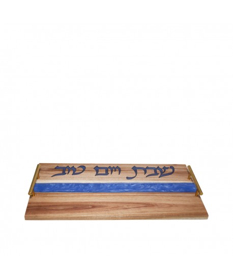 Wooden tray with blue resin handles 46x23x1.5cm