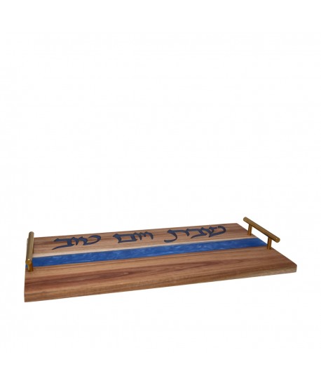 Wooden tray with blue resin handles 46x23x1.5cm