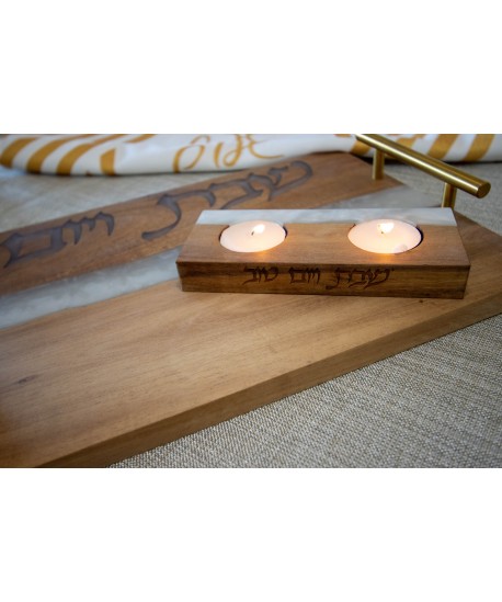 Double candlestick in wood and beige resin 15x6x2cm