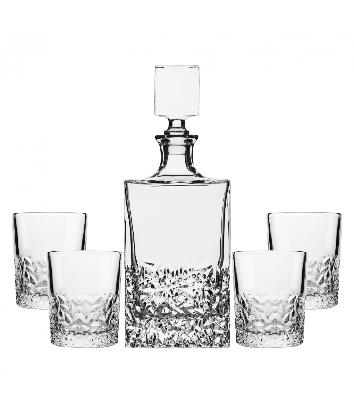 Chased glass whisky set with decanter and 4 glasses