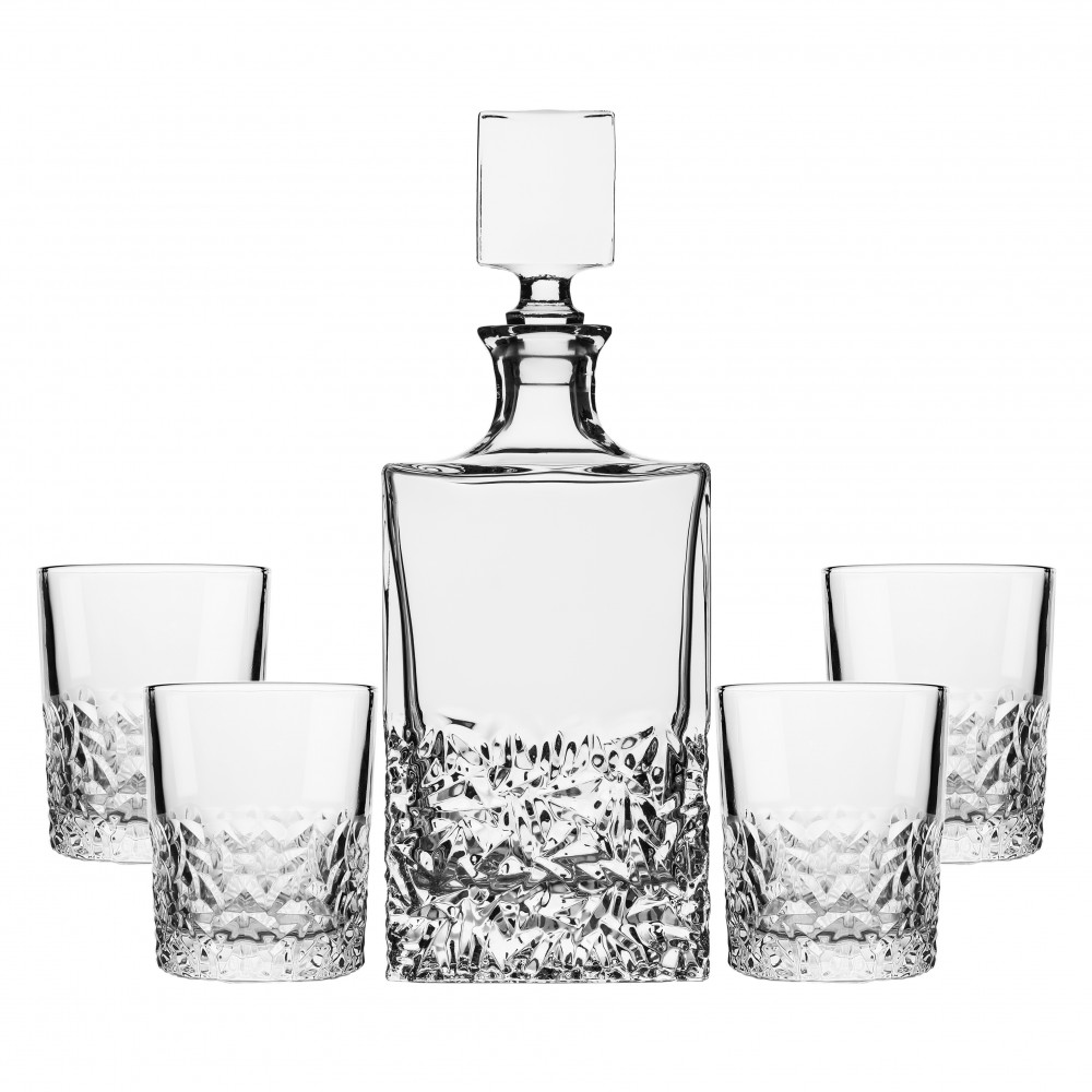 Chased glass whisky set with decanter and 4 glasses