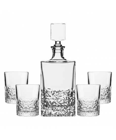 Chased glass whisky set with decanter and 4 glasses