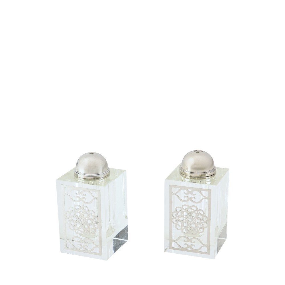 Salière et poivrière façon cristal arabesque argent