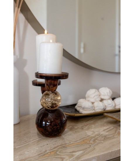 Bougeoir bulles de verre moka et ambre 8.5x8.5x16cm