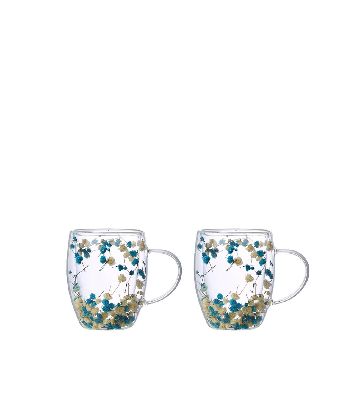 Double-walled teacups blue and white flowers 350ml - set of 2
