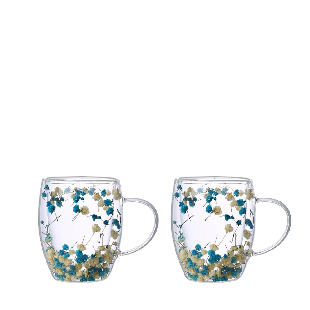 Double-walled teacups blue and white flowers 350ml - set of 2