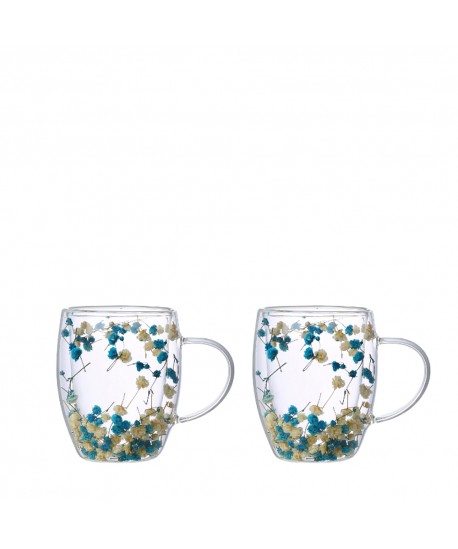 Double-walled teacups blue and white flowers 350ml - set of 2