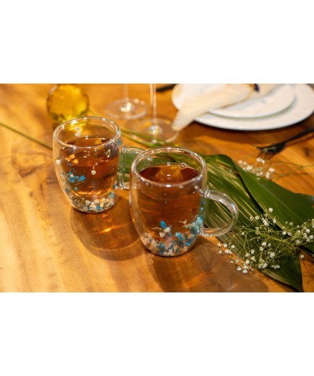 Double-walled teacups blue and white flowers 350ml - set of 2