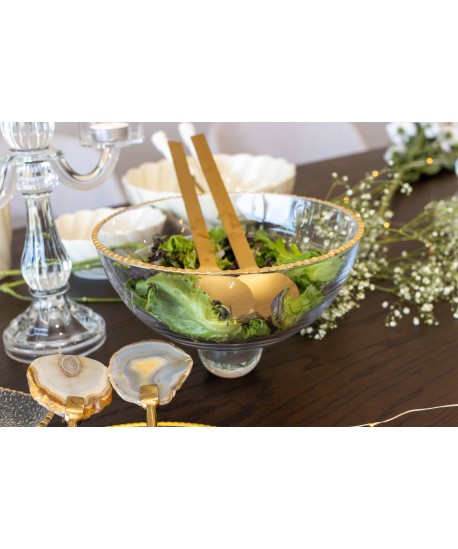 Salad bowl with golden rim in glass 23.5x23.5x15.5cm