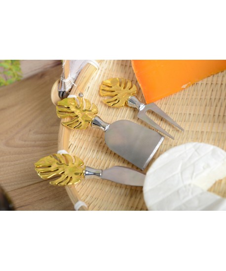 Set of 3 gold palm leaf cheese knives