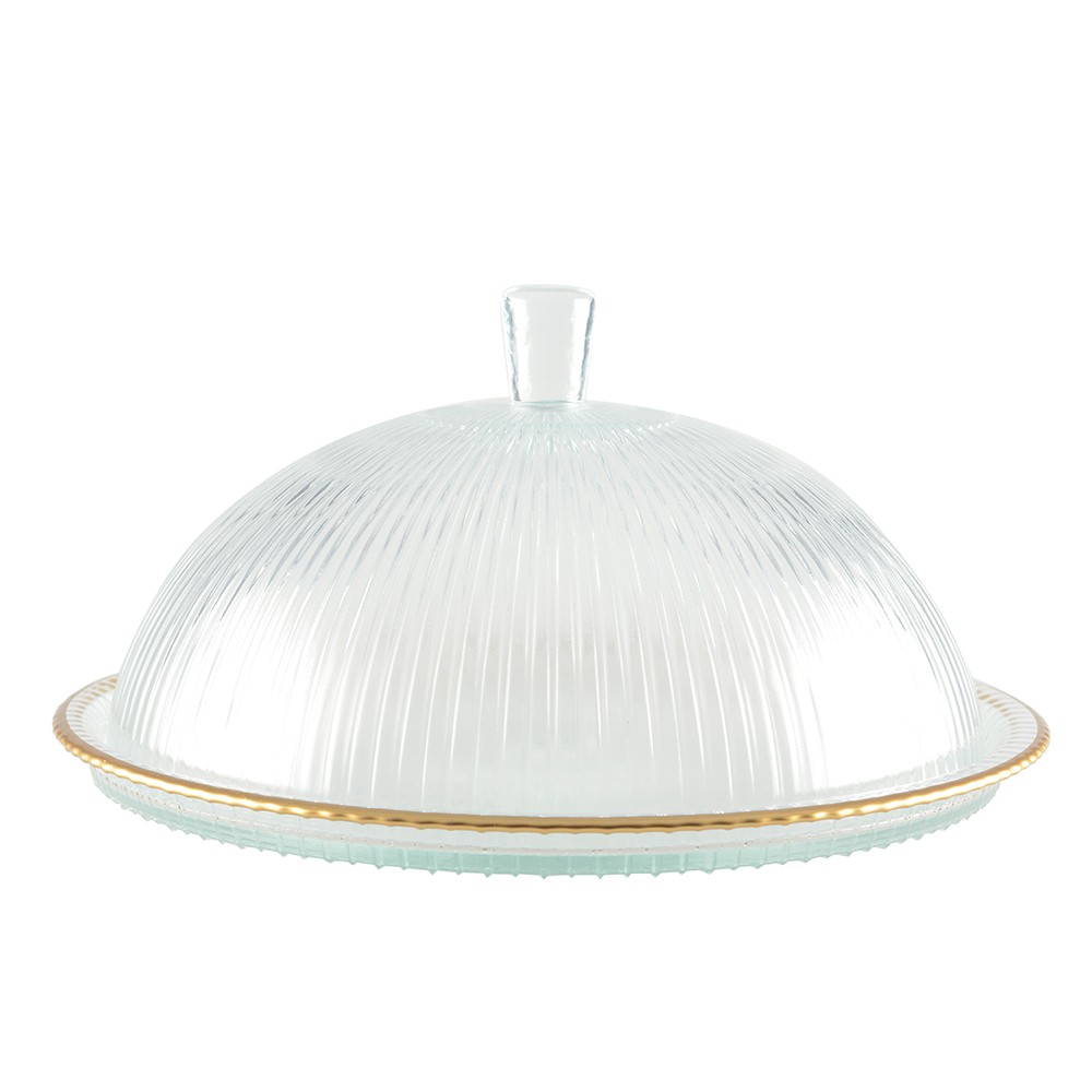 Glass cloche with gold edges on plate 32x32x17cm