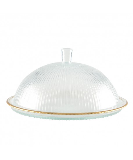 Glass cloche with gold edges on plate 32x32x17cm