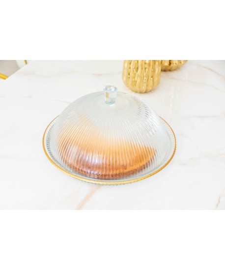 Glass cloche with gold edges on plate 32x32x17cm