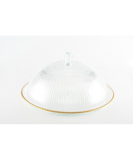 Glass cloche with gold edges on plate 32x32x17cm